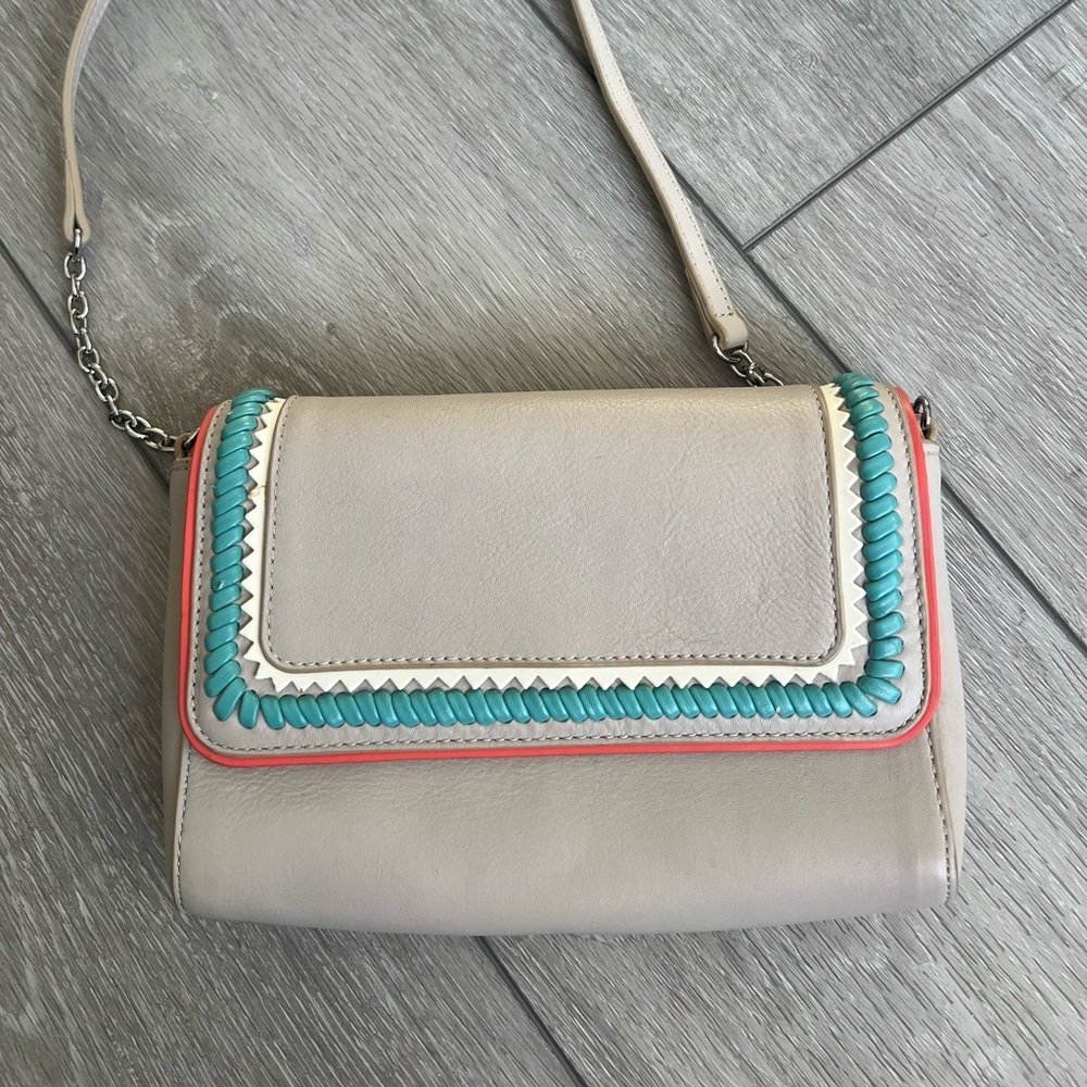 BCBG Helene style Beige and Teal crossbody Bag with chain strap